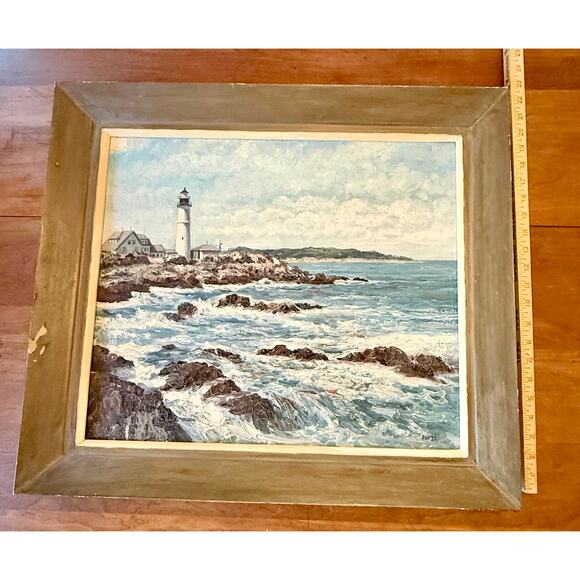 Vintage Framed Oil on Canvas Painting Portland Head Lighthouse, Maine Signed - Picture 14 of 16